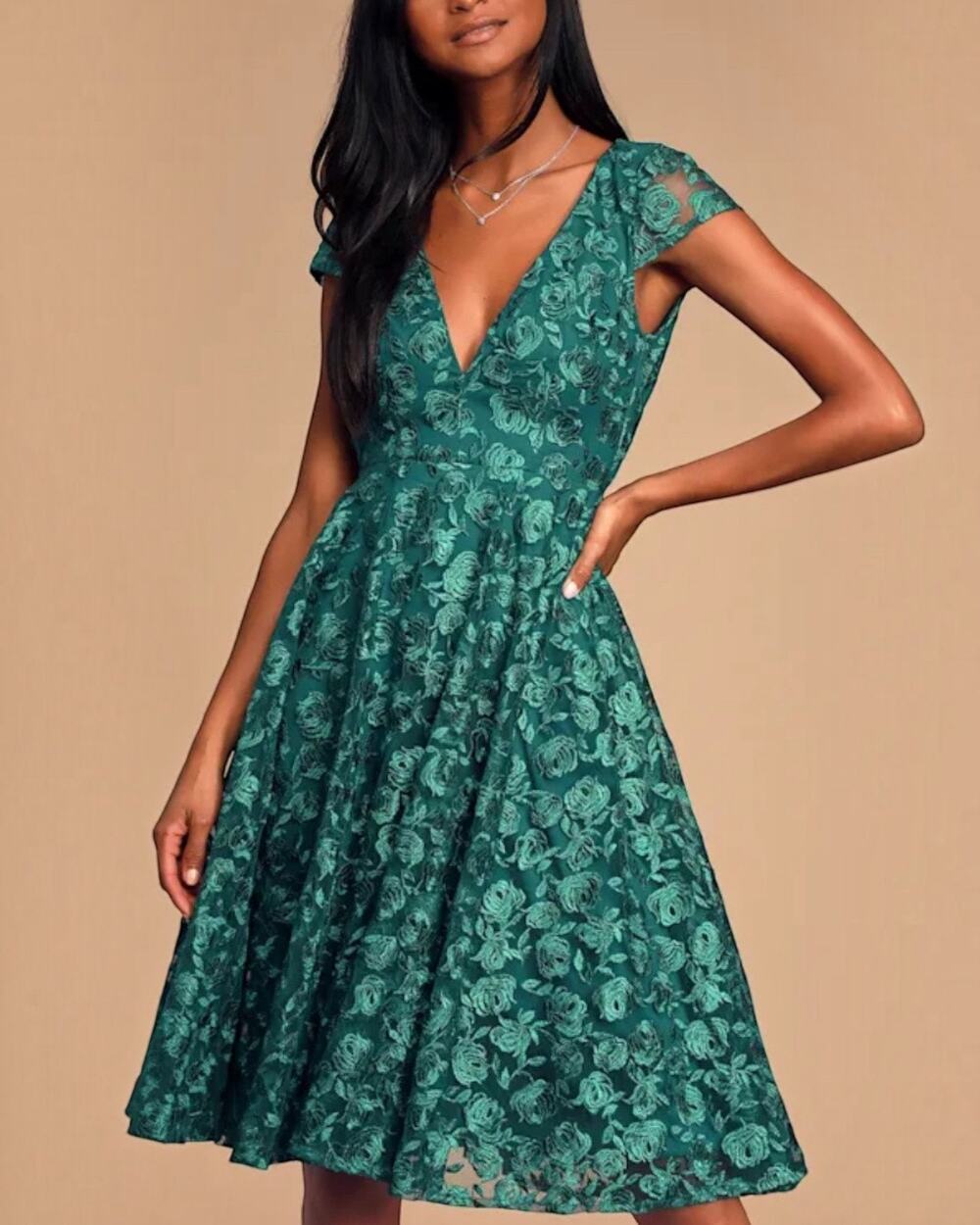 Lulus Green Lace Cutout Back Skater Cocktail Party Mini Dress Women Size S